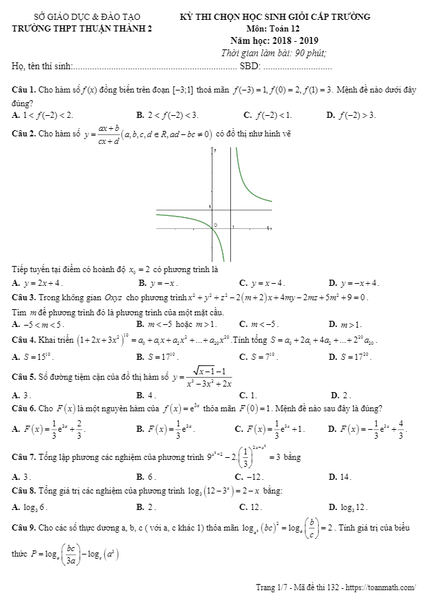 Đề thi HSG Toán 12 cấp trường năm 2018 – 2019 trường Thuận Thành 2 – Bắc Ninh