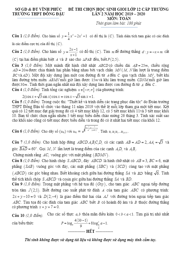 Đề thi HSG Toán 12 lần 2 năm 2019 – 2020 trường THPT Đồng Đậu – Vĩnh Phúc
