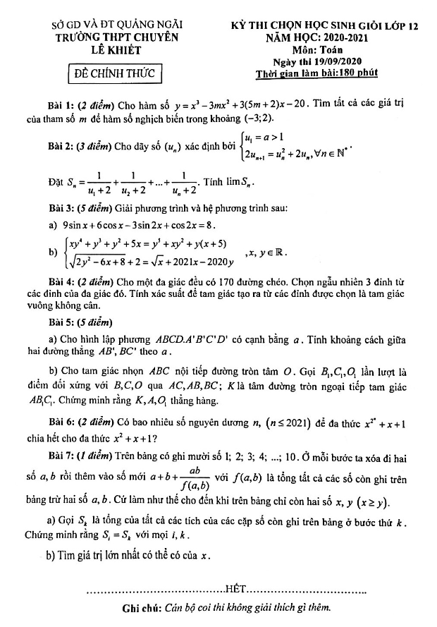 Đề thi HSG Toán 12 năm 2020 – 2021 trường THPT chuyên Lê Khiết – Quảng Ngãi