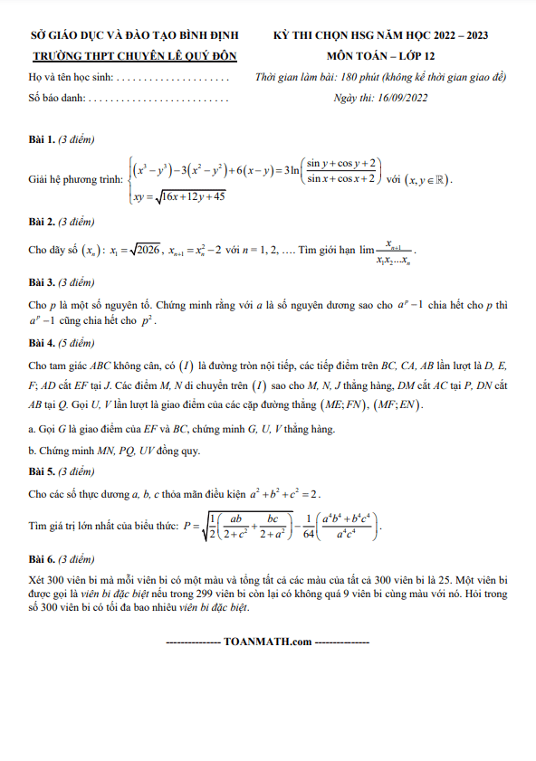 Đề thi HSG Toán 12 năm 2022 – 2023 trường THPT chuyên Lê Quý Đôn – Bình Định