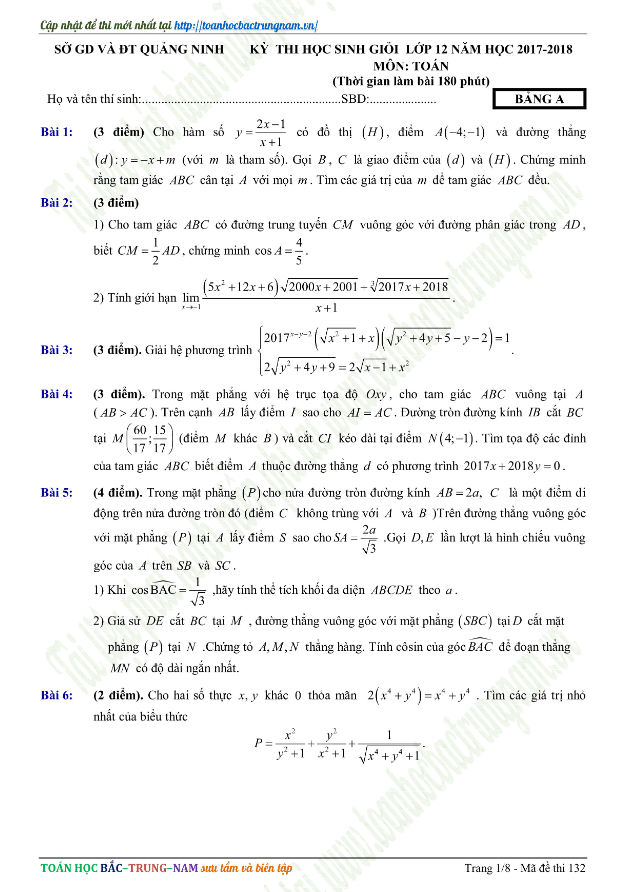 Đề thi HSG Toán 12 năm học 2017 – 2018 sở GD và ĐT Quảng Ninh (Bảng A)