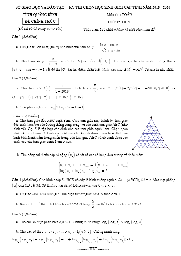 Đề thi HSG Toán 12 THPT cấp tỉnh năm 2019 – 2020 sở GD&ĐT Quảng Bình