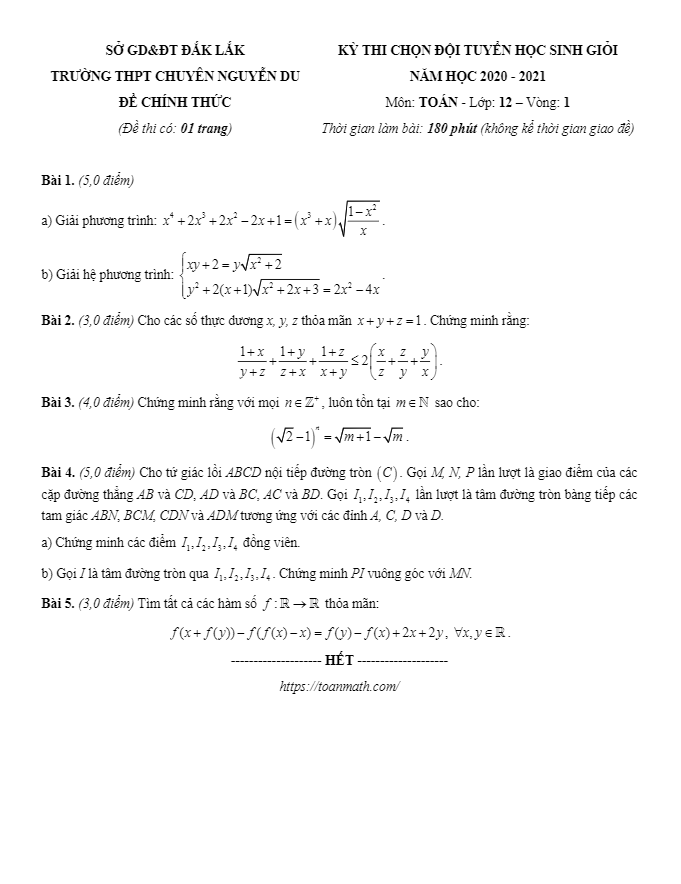 Đề thi HSG Toán 12 (vòng 1) năm 2020 – 2021 trường chuyên Nguyễn Du – Đắk Lắk