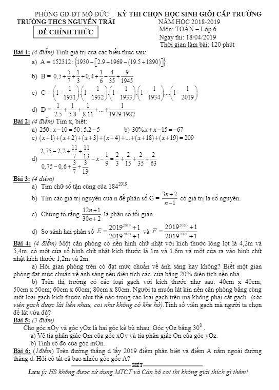 Đề thi HSG Toán 6 năm 2018 – 2019 trường THCS Nguyễn Trãi – Quảng Ngãi