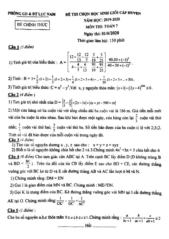 Đề thi HSG Toán 7 năm 2019 – 2020 phòng GD&ĐT Lục Nam – Bắc Giang