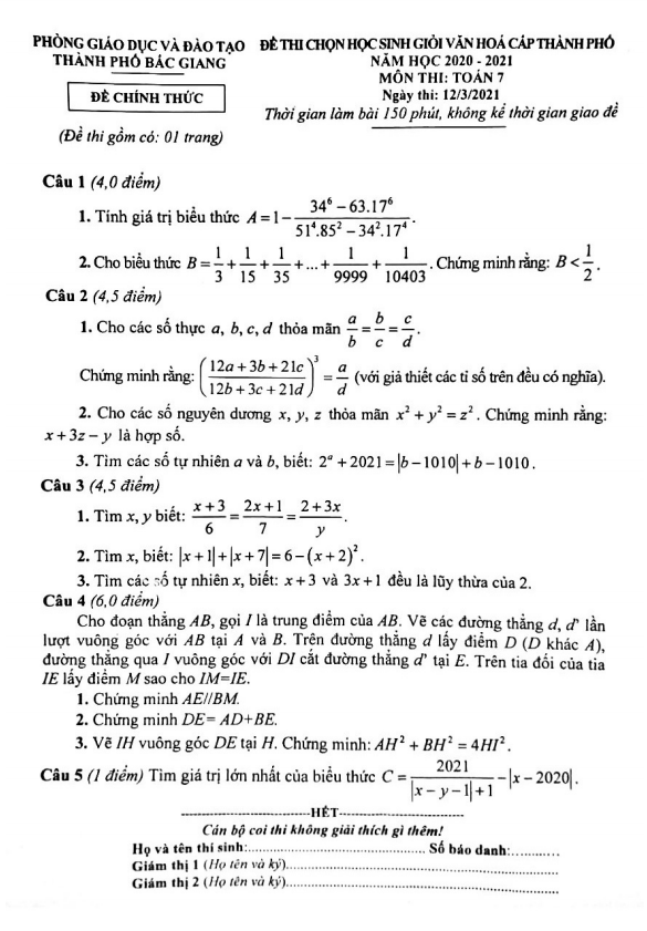 Đề thi HSG Toán 7 năm 2020 – 2021 phòng GD&ĐT thành phố Bắc Giang