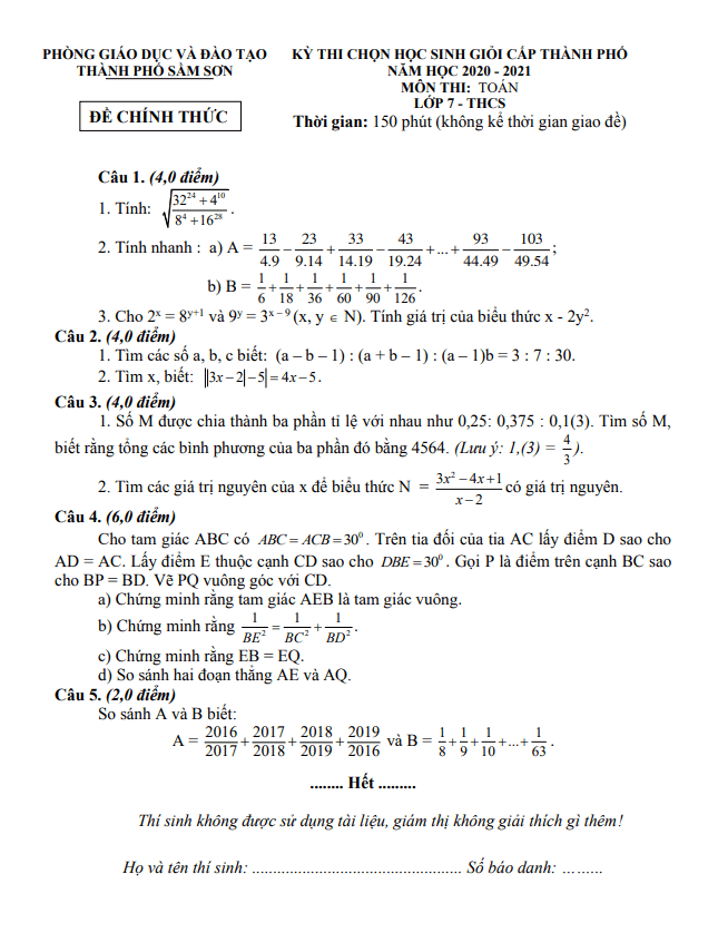 Đề thi HSG Toán 7 năm 2020 – 2021 phòng GD&ĐT thành phố Sầm Sơn – Thanh Hóa