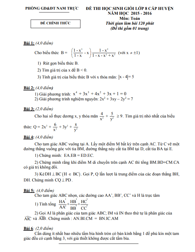 Đề thi HSG Toán 8 cấp huyện năm 2015 – 2016 phòng GD&ĐT Nam Trực – Nam Định