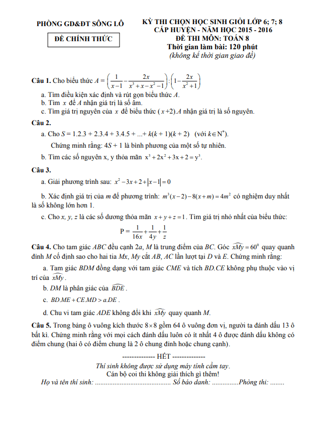 Đề thi HSG Toán 8 cấp huyện năm 2015 – 2016 phòng GD&ĐT Sông Lô – Vĩnh Phúc
