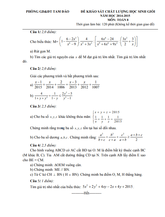 Đề thi HSG Toán 8 năm 2014 – 2015 phòng GD&ĐT Tam Đảo – Vĩnh Phúc