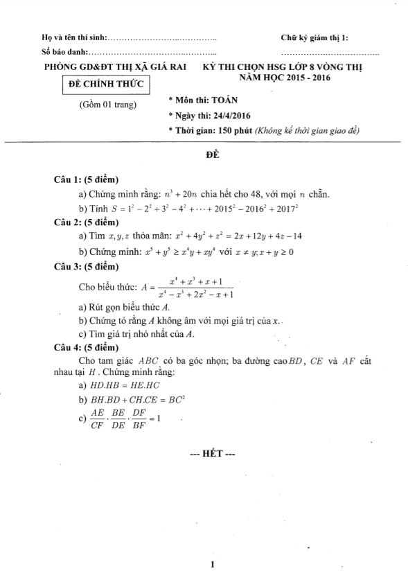 Đề thi HSG Toán 8 năm 2015 – 2016 phòng GD&ĐT thị xã Giá Rai – Bạc Liêu