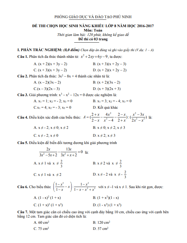 Đề thi HSG Toán 8 năm 2016 – 2017 phòng GD&ĐT Phù Ninh – Phú Thọ