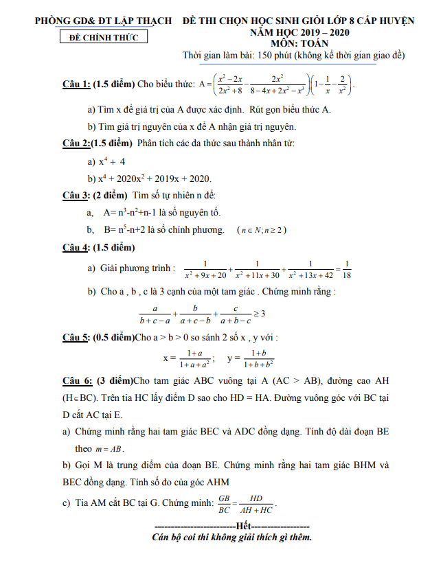 Đề thi HSG Toán 8 năm 2019 – 2020 phòng GD&ĐT Lập Thạch – Vĩnh Phúc