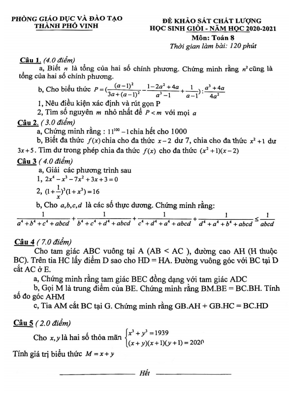 Đề thi HSG Toán 8 năm 2020 – 2021 phòng GD&ĐT thành phố Vinh – Nghệ An