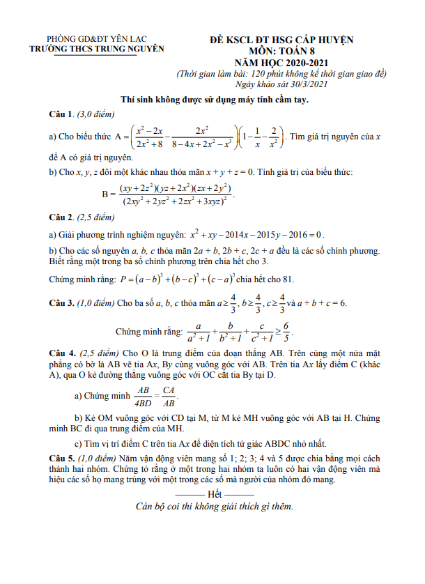Đề thi HSG Toán 8 năm 2020 – 2021 trường THCS Trung Nguyên – Vĩnh Phúc