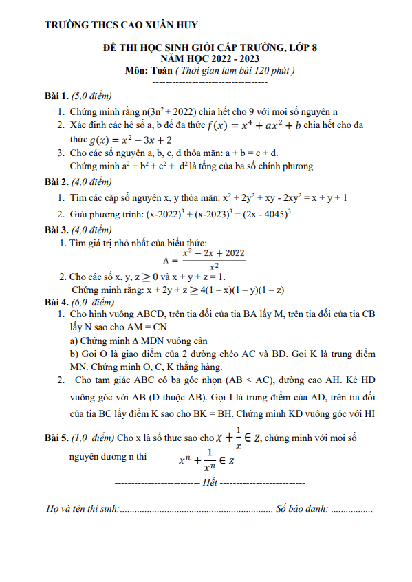 Đề thi HSG Toán 8 năm 2022 – 2023 trường THCS Cao Xuân Huy – Nghệ An