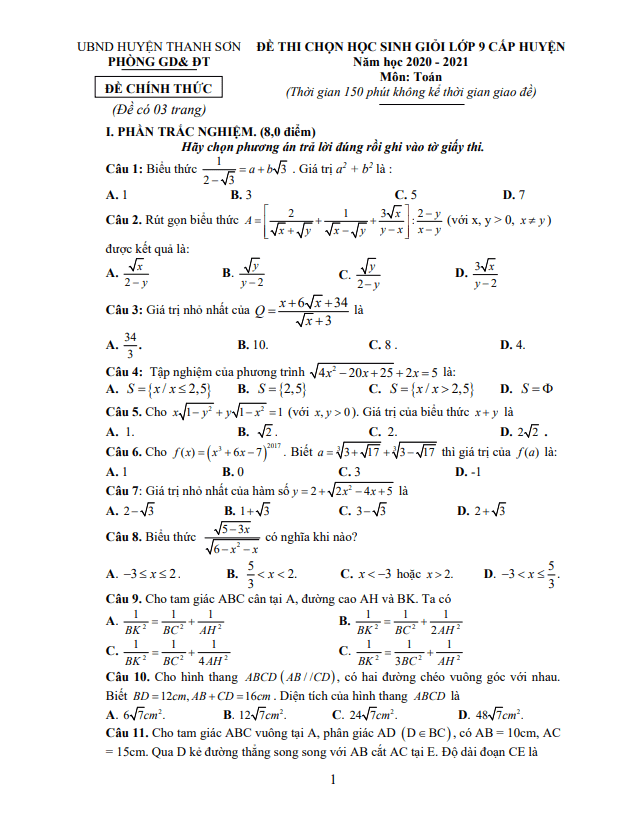 Đề thi HSG Toán 9 cấp huyện năm 2020 – 2021 phòng GD&ĐT Thanh Sơn – Phú Thọ