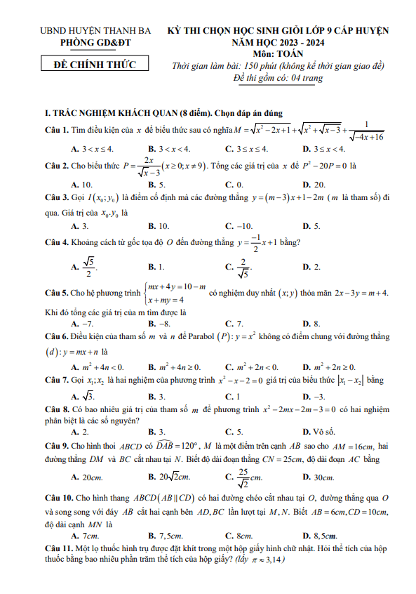 Đề thi HSG Toán 9 cấp huyện năm 2023 – 2024 phòng GD&ĐT Thanh Ba – Phú Thọ