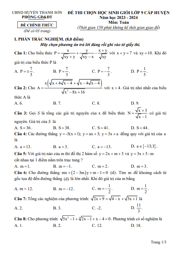 Đề thi HSG Toán 9 cấp huyện năm 2023 – 2024 phòng GD&ĐT Thanh Sơn – Phú Thọ