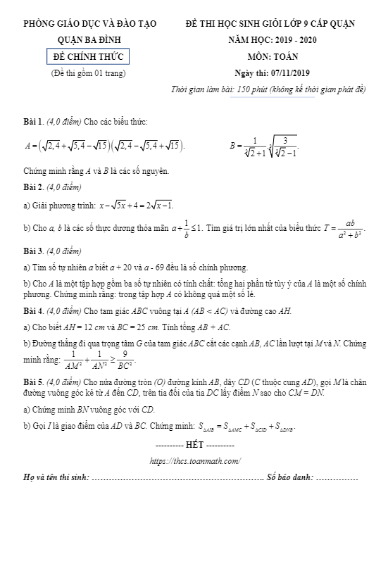 Đề thi HSG Toán 9 cấp quận năm 2019 – 2020 phòng GD&ĐT Ba Đình – Hà Nội
