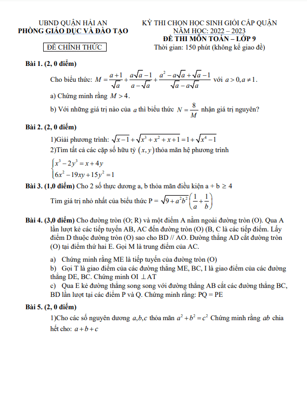 Đề thi HSG Toán 9 cấp quận năm 2022 – 2023 phòng GD&ĐT Hải An – Hải Phòng