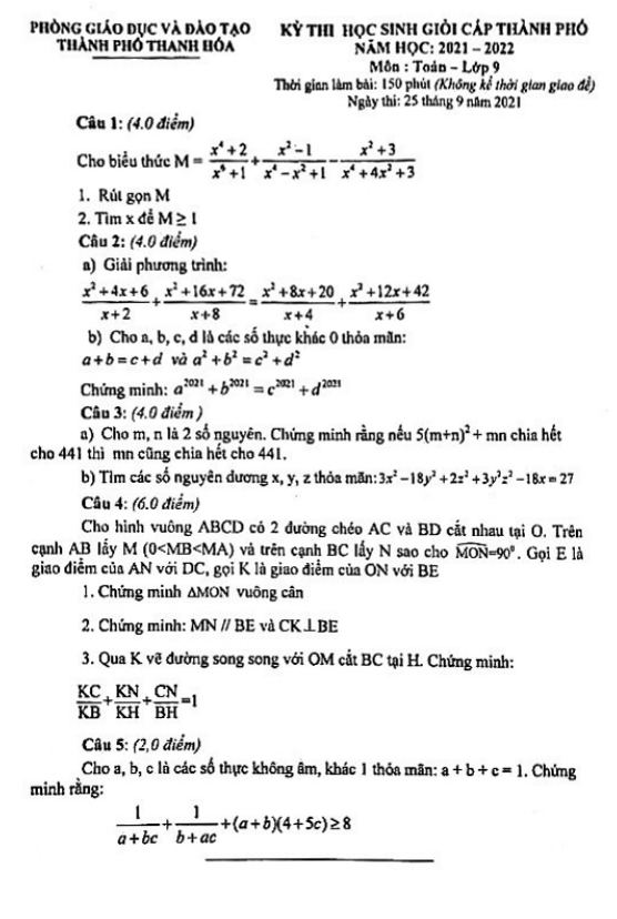 Đề thi HSG Toán 9 cấp thành phố năm 2021 – 2022 phòng GD&ĐT TP Thanh Hóa