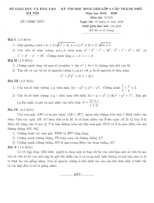 Đề thi HSG Toán 9 cấp thành phố năm học 2019 – 2020 sở GD&ĐT Hà Nội