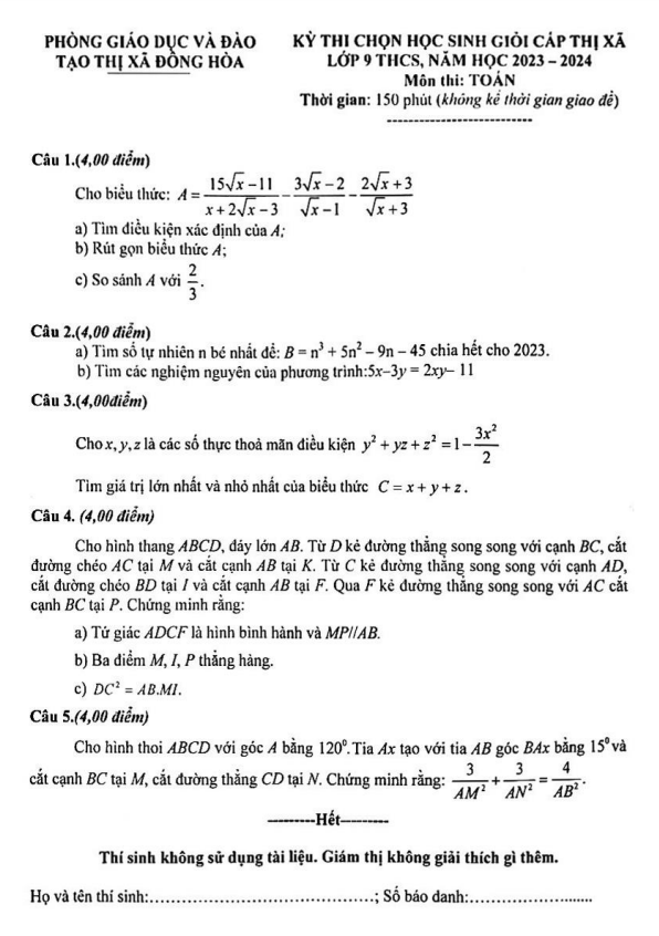 Đề thi HSG Toán 9 cấp thị xã năm 2023 – 2024 phòng GD&ĐT Đông Hòa – Phú Yên
