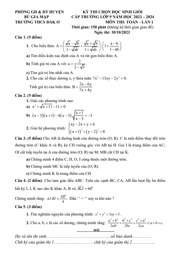 Đề thi HSG Toán 9 lần 1 năm 2023 – 2024 trường THCS Đắk Ơ – Bình Phước