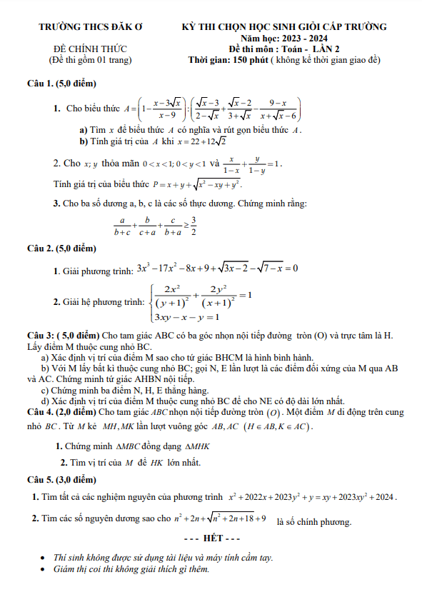 Đề thi HSG Toán 9 lần 2 năm 2023 – 2024 trường THCS Đắk Ơ – Bình Phước