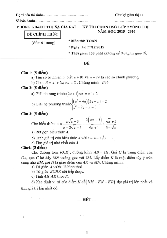 Đề thi HSG Toán 9 năm 2015 – 2016 phòng GD&ĐT thị xã Giá Rai – Bạc Liêu