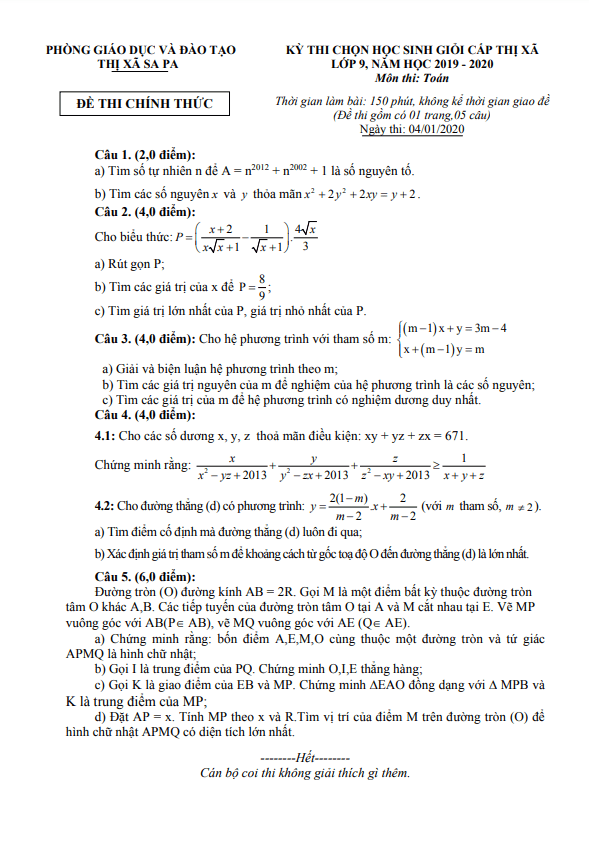 Đề thi HSG Toán 9 năm 2019 – 2020 phòng GD&ĐT thị xã Sa Pa – Lào Cai