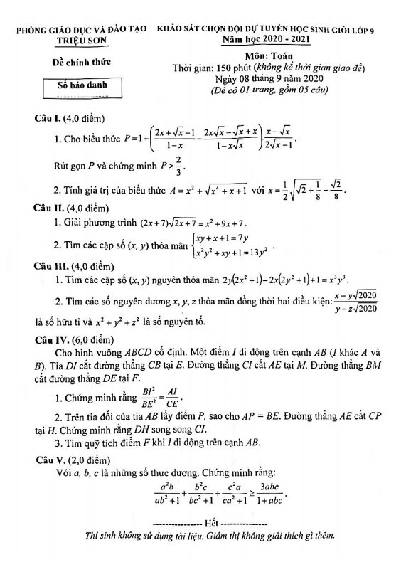 Đề thi HSG Toán 9 năm 2020 – 2021 phòng GD&ĐT Triệu Sơn – Thanh Hóa