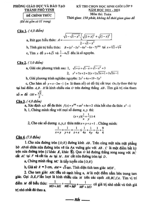 Đề thi HSG Toán 9 năm 2021 – 2022 phòng GD&ĐT thành phố Vinh – Nghệ An