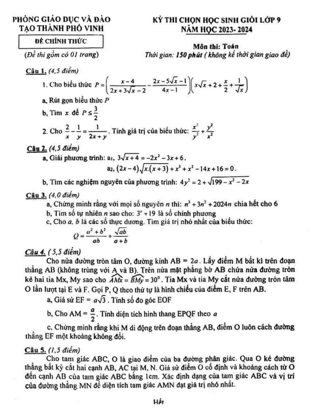 Đề thi HSG Toán 9 năm 2023 – 2024 phòng GD&ĐT thành phố Vinh – Nghệ An