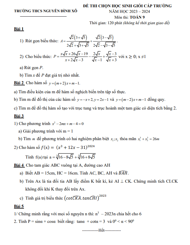 Đề thi HSG Toán 9 năm 2023 – 2024 trường THCS Nguyễn Đình Xô – Bắc Ninh