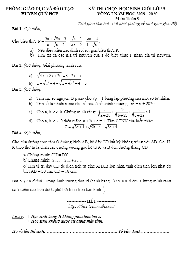 Đề thi HSG Toán 9 vòng 1 năm 2019 – 2020 phòng GD&ĐT Quỳ Hợp – Nghệ An