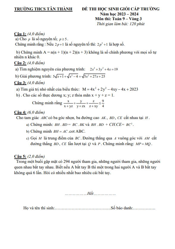 Đề thi HSG Toán 9 vòng 3 năm 2023 – 2024 trường THCS Tân Thành – Nghệ An