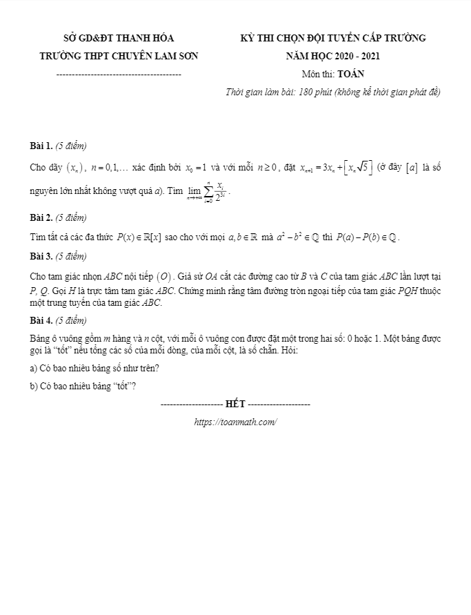 Đề thi HSG Toán cấp trường năm 2020 – 2021 trường chuyên Lam Sơn – Thanh Hóa