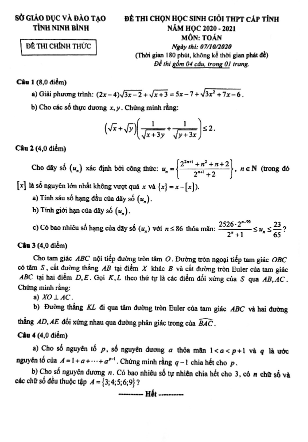 Đề thi HSG Toán THPT cấp tỉnh năm 2020 – 2021 sở GD&ĐT Ninh Bình
