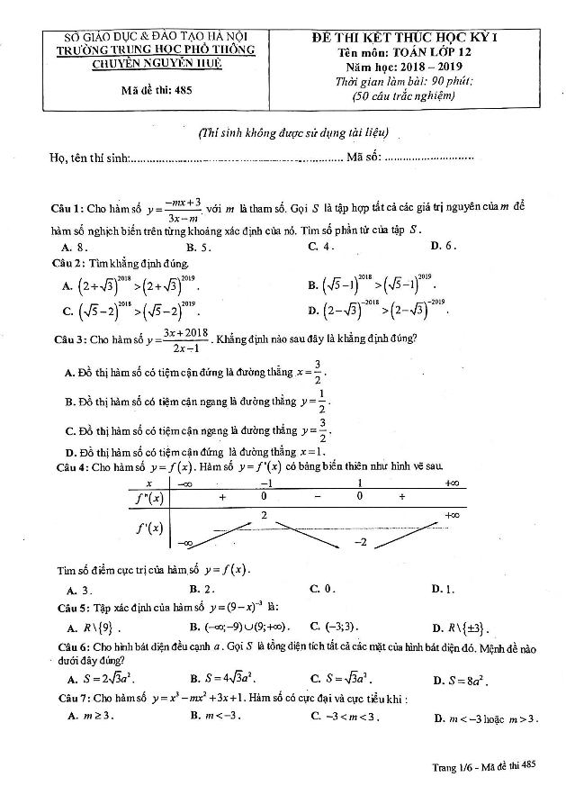Đề thi kết thúc học kỳ 1 Toán 12 năm 2018 – 2019 trường chuyên Nguyễn Huệ – Hà Nội