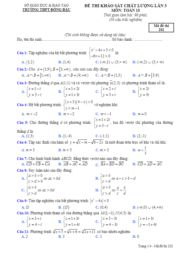 Đề thi khảo sát chất lượng Toán 10 trường THPT Đồng Đậu – Vĩnh Phúc lần 3