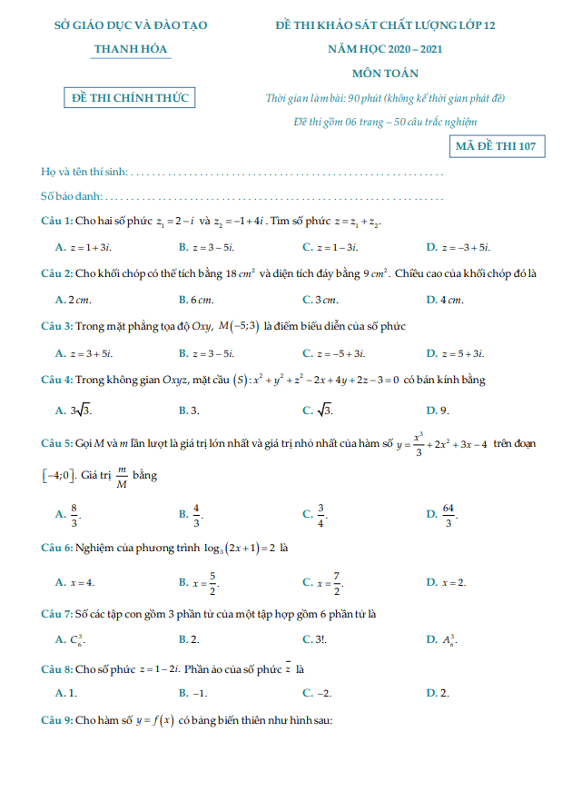 Đề thi khảo sát chất lượng Toán 12 năm 2020 – 2021 sở GD&ĐT Thanh Hóa