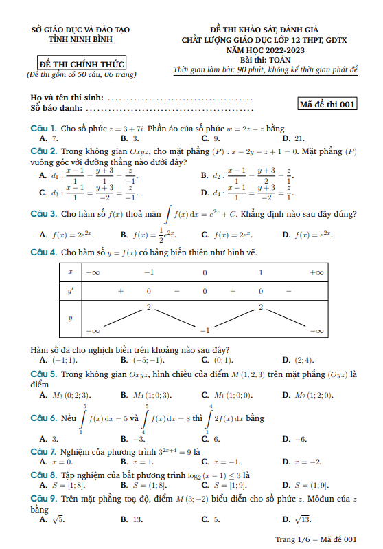 Đề thi khảo sát chất lượng Toán 12 năm 2022 – 2023 sở GD&ĐT Ninh Bình