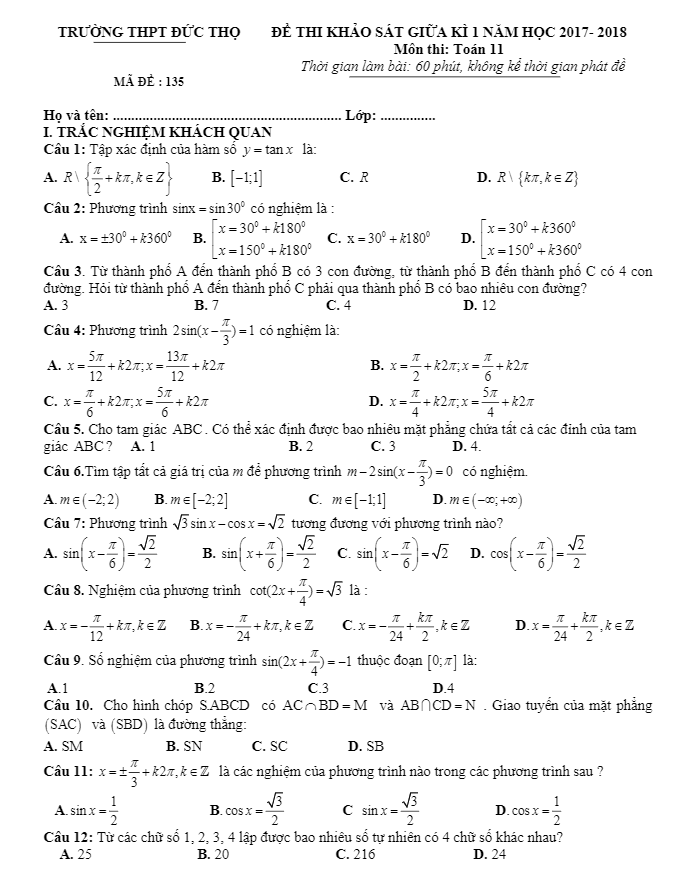Đề thi khảo sát giữa kỳ 1 năm học 2017 – 2018 môn Toán 11 trường THPT Đức Thọ – Hà Tĩnh