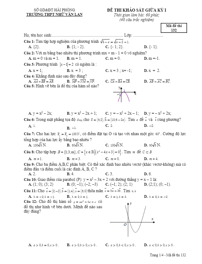 Đề thi khảo sát giữa kỳ 1 Toán 10 năm 2018 – 2019 trường Nhữ Văn Lan – Hải Phòng