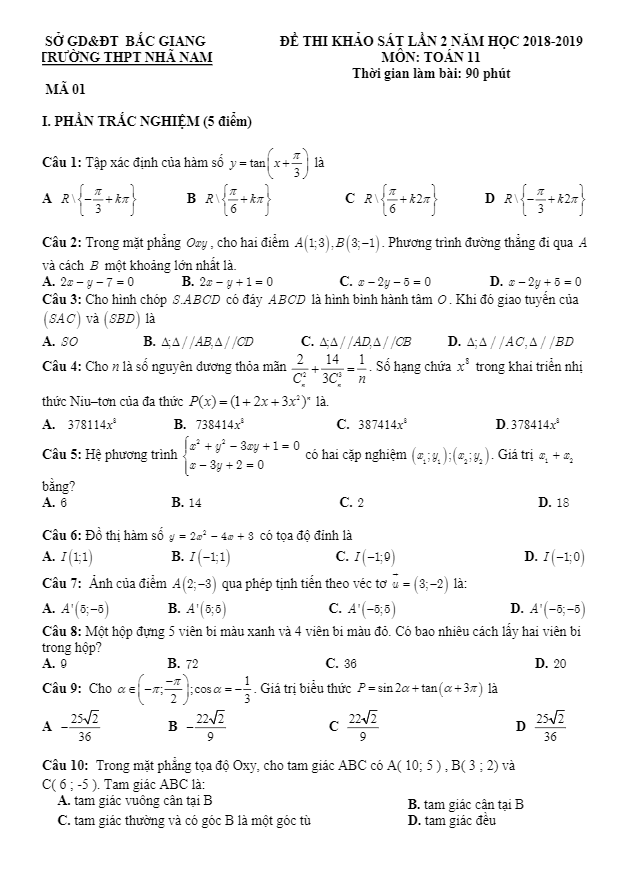 Đề thi khảo sát Toán 11 lần 2 năm 2018 – 2019 trường THPT Nhã Nam – Bắc Giang