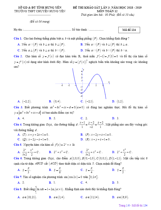 Đề thi khảo sát Toán 12 lần 3 năm 2018 – 2019 trường THPT chuyên Hưng Yên