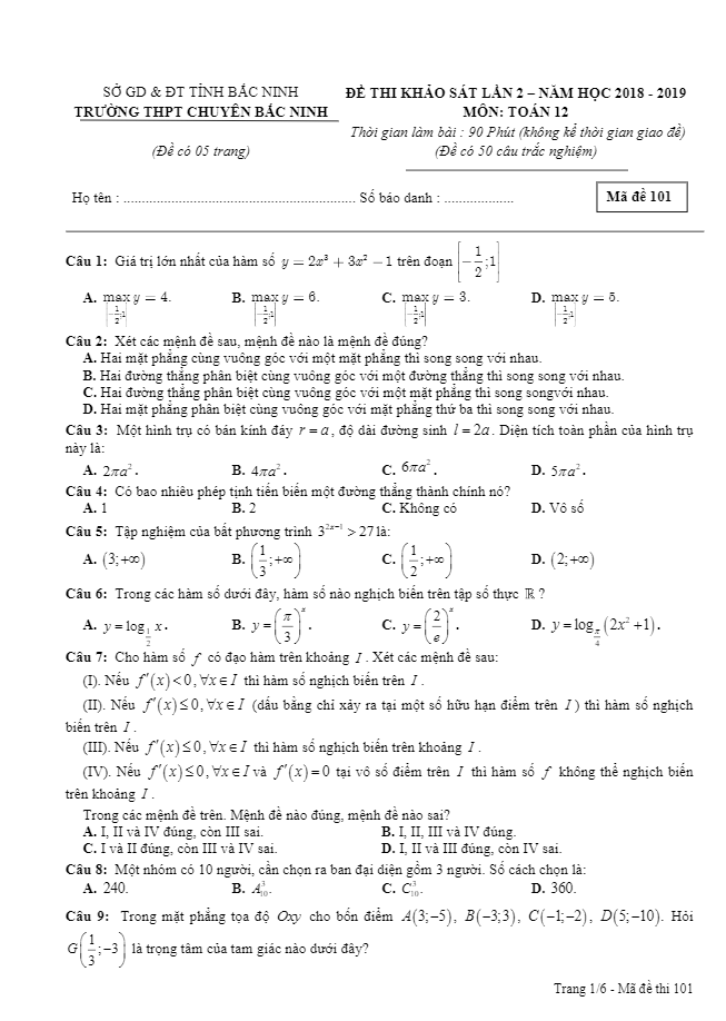 Đề thi khảo sát Toán 12 năm 2018 – 2019 trường THPT chuyên Bắc Ninh lần 2