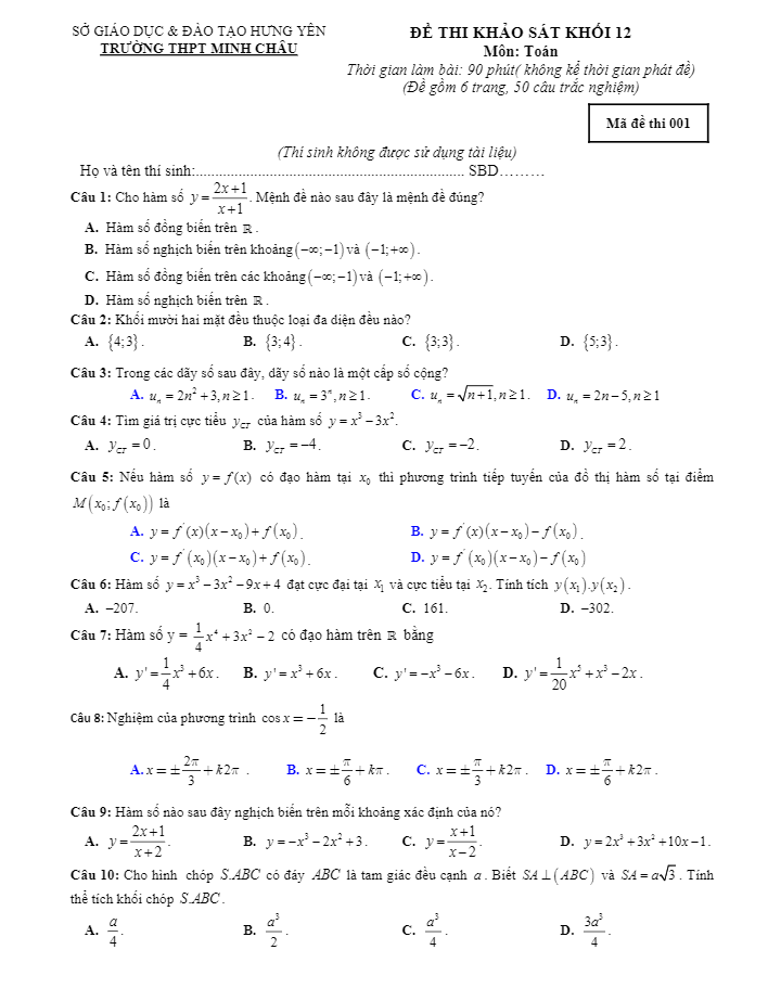 Đề thi khảo sát Toán 12 năm học 2018 – 2019 trường THPT Minh Châu – Hưng Yên